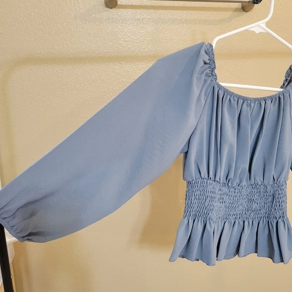 SHEIN LUNE Dusty Blue Shirred Waisted Frill Trim Peplum Blouse size XS - Picture 3 of 5